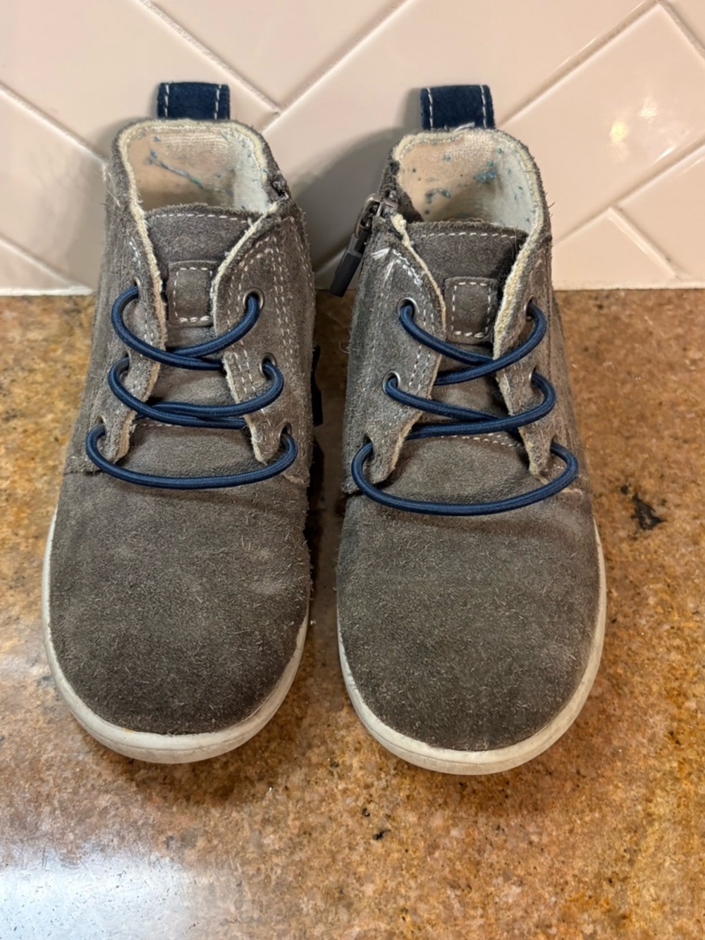 UGG Kids Gray Suede Ankle Boots with Blue Accents